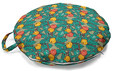 ABAKUHAUS Sommer Rundes Bodenkissen mit Griff, Apfelbaum-Frucht-Blätter Kunst, dekoratives Kissen für Wohnzimmer & Schlafsäle, 45 cm, Türkis und Multicolor