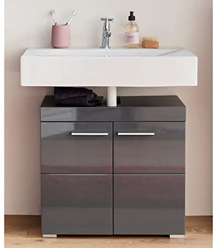 Lomadox Badezimmer Waschbeckenunterschrank in Grau Hochglanz, B/H/T: ca. 60/56/34 cm