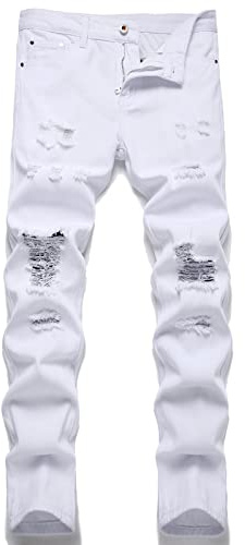 AITITIA Men's Ripped Regular Fit Jeans (42, 350 White)