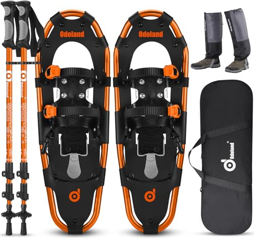 Odoland Ciaspole da Neve 4 in 1 con Alzatacco per Uomo Donna Gioventù, Racchette da Neve Set per Tutti i Terreni con Bastoncini Trekking, Ghette Gambe Impermeabile e Borsa Portatile, Arancia, M