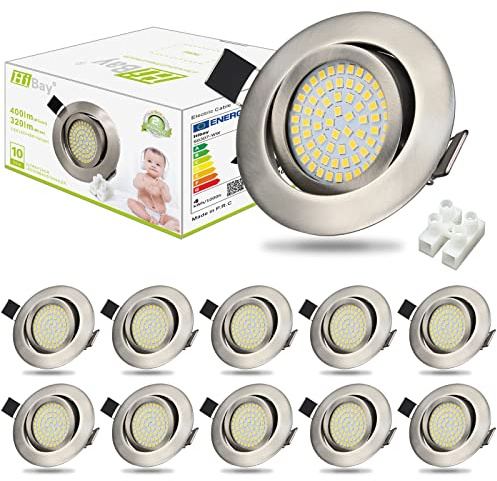 HiBay Ultra Flach LED Spots Schwenkbar Einbaustrahler 230V 3,5W Edelstahl gebürstet Einbauleuchten 4500K Deckenstrahler Neutralweiß Einbauspots 10er Set | Metall Einbauspots Edelstahl Gebürstet 40° Schwenkbar Einbauleuchten für Wohnzimmer Schlafzimmer Flur Büro