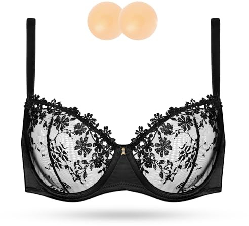 Wingslove Women's Sexy Lace Bra Demi Sheer Mesh Balconette See Through Bralette Unlined Underwire Embroidered (Black,34DD)