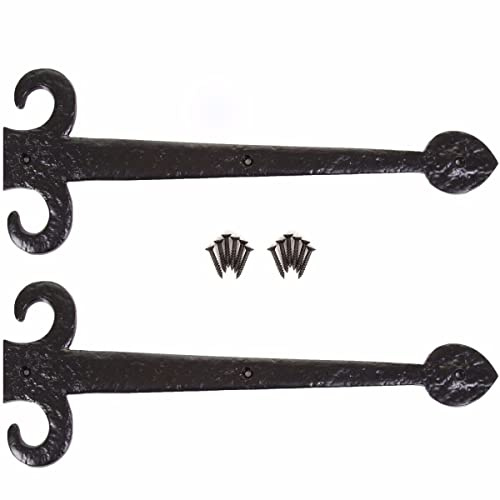 Pair of Black 400mm Decorative Dummy Hinges Vintage Spear Fleur De LYS Style Garage Gate Front Door Shutters Wrought Iron Look with Fixings