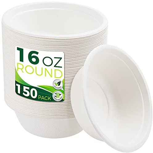 BIRCHIO Paper Bowls 16 oz [150-Pack], Heavy Duty Disposable Bowls Perfect for Hot Soup and Milk Cereals, 100% Compostable and Eco-Friendly Made from Bagasse