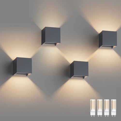 Klighten 4 Pack Aussenlampe mit Austauschbarer G9 LED Lampe Warmweiß 3000K, Aluminium LED Wandlampe Innen/Aussen Einstellbar Abstrahlwinkel Außenwandleuchten für Wohnzimmer Garten, Anthrazit