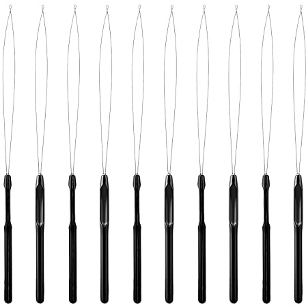 WLLHYF Lot de 10 extensions de cheveux, enfile-aiguille pour tirer les cheveux, outils d'extensions de cheveux, micro anneaux, nano perles, accessoires coiffants pour cheveux et plumes (noir)