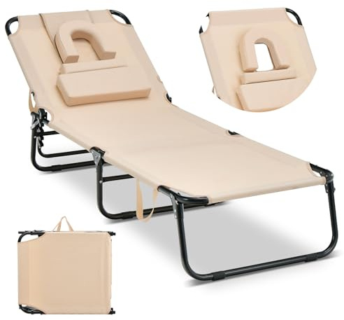 COSTWAY Chaise Longue Pliante, Bain de Soleil Réglable à 5 Positions, Charge 150kg, Trou pour Visage, 3 Coussins Amovible, Tissu Oxford, Sangle, Transat Jardin Exterieur pour Plage Piscine(Beige)
