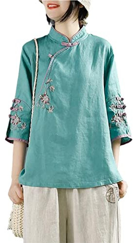 QPZK Frauen Chinese Tang Anzug Mantel Hanfu Jacke Baumwollwäsche chinesische traditionelle Kleidung, gestickte Blumenkleidung orientalische Baumwolle Kung Fu Kleidung Blu Green-L