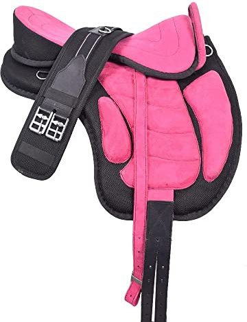 Freemax hästsadel av syntetisk, trädlös, med lämplig omkrets och stigbygel, par, 40,6 cm sits, rosa