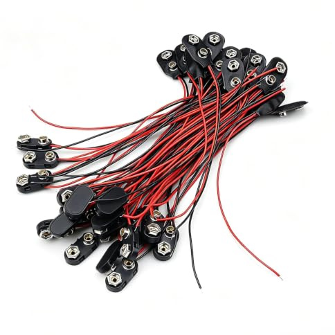 PARFCO 40 Stück 9V Batterieclip mit Anschlusskabel | 9V Batterie Anschluss mit 150 mm Kabel, Kunststoff und Leder Clip für kleine Geräte, DIY und Elektronik