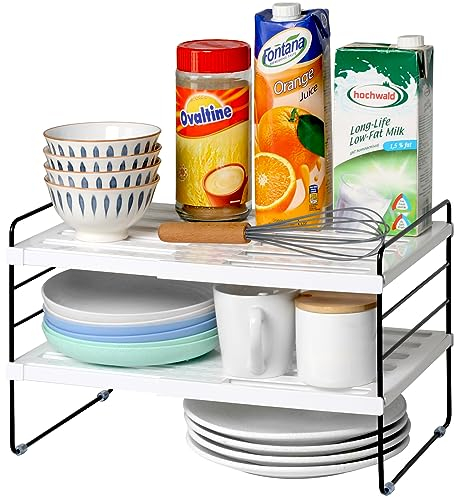 JUPELI Kitchen Cupboard Organiser Shelf, Expandable Plate Rack Cupboard, Height Adjustable Plate Organiser Kitchen Cupboard,Storage Rack Kitchen, Bathroom, Laundry Room, Pantry and Office, White