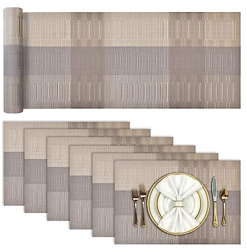 Aofmee Tischläufer und Platzsets Abwaschbar 6er Set, PVC rutschfest Tischsets mit Tischläufer, Gewebte Platzdeckchen Abgrifffeste Hitzebeständig, Vinyl Placemats Platz-Matten für Küche Speisetisch
