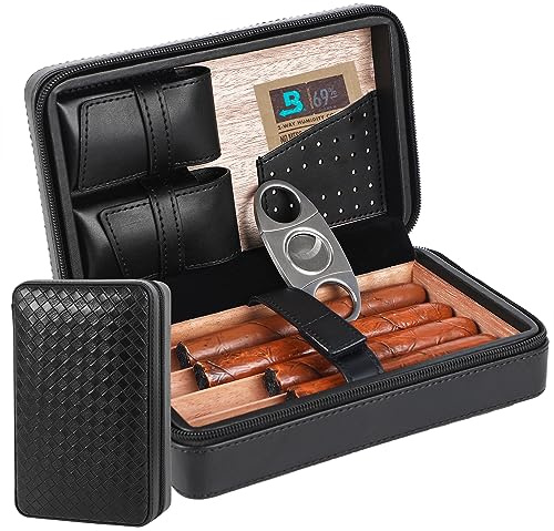 Humidor pour jusqu'à 4 cigares Cuir style tissé pour contenir votre pack humidor 69 intérieur en bois de cèdre avec coupe-cigare étui à cigares humidor pour une portabilité et des voyages faciles