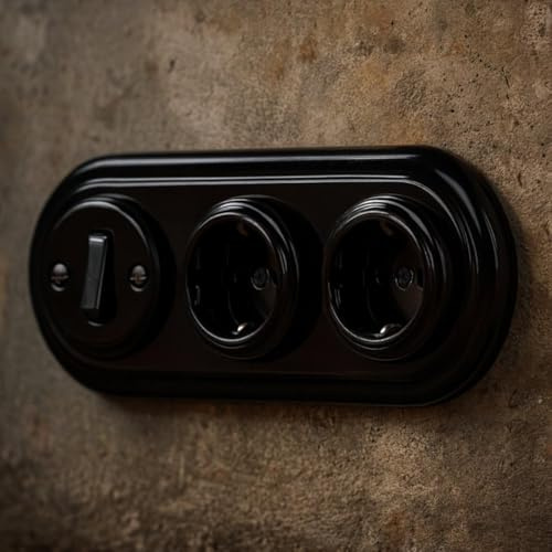 Unterputz Porzellan Retro Steckdose, Schalter, 3-fach, All-in-One, Serie PR1 schwarz