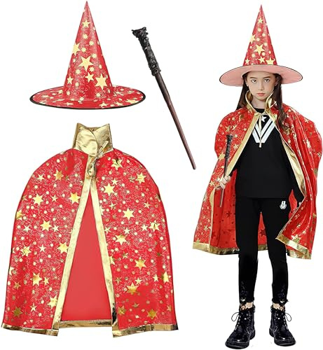 FainFun Zauberer Kostüm für Kinder, Wizard Cape Witch Umhang mit Hut, Halloween Hexe Zauberer Umhang, Schwarz, Filz-Bonbontüten, für Kinder Cosplay Party