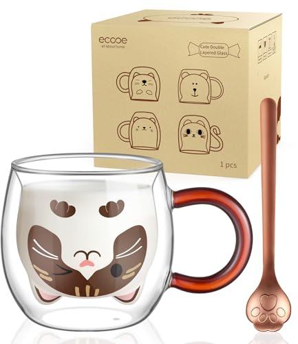 Ecooe Simpatico Tazza Gatto in Vetro Doppia Parete 280ml - Bicchiere per Caffè, Cappuccino, Latte Macchiato - Con Manico e Cucchiaio - Borosilicato Trasparente