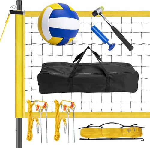 Tragbares Volleyball-Set für den Hinterhof im Freien – Professionelles Volleyballnetz mit Stangen, inklusive Volleyball, Hammer, Begrenzungslinien und Tragetasche für einfachen Aufbau