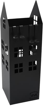 UNUS Regenschirmständer Häuser 4 Haken 16x16x49cm schwarz | Wasserauffangschale