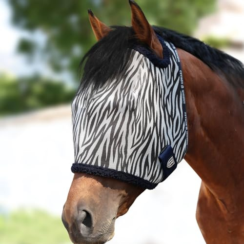 Harrison Howard All Round Mesh Horse Fly Mask UV Protective with Fleece Padded Edging and Fun Prints Forelock Opening Design Mask for Horse Zebra Large