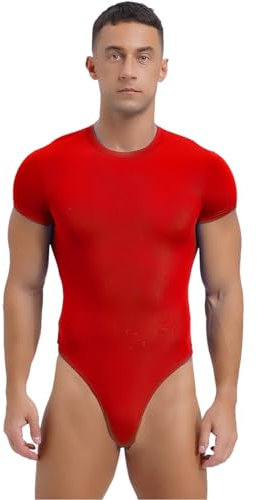 Jugaoge Herren Kurzarm Shirt Body Basic Einfarbig Bodysuit mit String Tanga Slip Sport Fitness Athletic Training Einteiler Unterwäsche Gym Workout Outfts Rot L