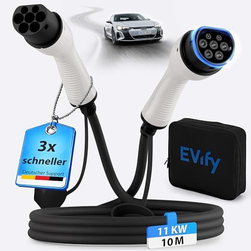 EVify Typ 2 Ladekabel 11kW 10M 16A für Elektroauto & Hybrid inkl. Kabeltasche • Kabel 3 phasig für EV PHEV • geeignet für alle E Autos Modell 3 S X Y, ID3, ID4, ID5