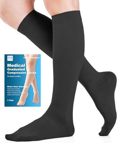 Medias de Compresión Mujer y Hmbre, 20-30 mmHg Clase 2, Tamaño S-4XL, Calcetines Compresion Ideal Para Médicos, Circulación, Varices, Edema, Correr, Volar, Viajar, Embarazo (Negro, XXL)