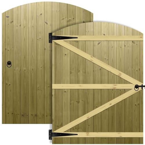 Arch Top Wooden Garden Gate 6x4.5ft - Tongue & Groove Semi-Braced Treated Timber Door + Ring Latch Hinge Pack, H:6ft x W:4.5ft Ideal for Outdoor Pathway Home Access (High: 180cm x Wide: 135cm)
