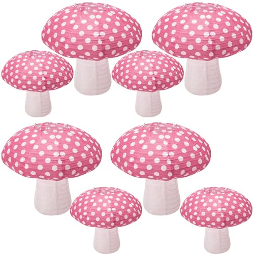8Pcs Pink Mushroom Shaped Paper Lanterns, Windspeed Large Paper Lanterns 3D Mushroom Decoration Hanging for Nursery Garden Christmas Party Decoration 8 inch, 12 inch | Rice-Paper Material, Halloween Decor, Nursery Garden Decorations, Christmas Decoration
