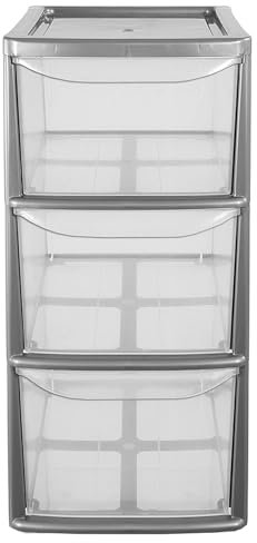 Medium Lightweight & Strong Silver Plastic Storage Tower Unit With 3 Clear Drawers (2)