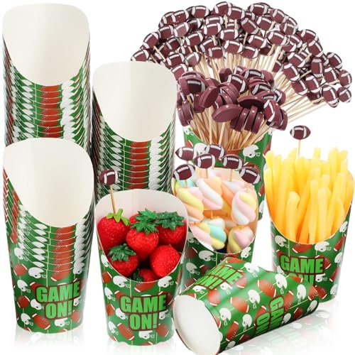 60 Pcs Disposable Football Charcuterie Cups with 100 Pcs Cocktail Picks, 14 oz Tactical Board French Fry Cups Paper Appetizer Cups with Sticks for Parties and Tailgate Events (Green,Cute Style)