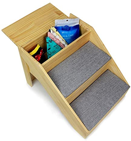 Rampa de madera para mascotas para perros pequeños, medianos y grandes, escaleras para perros de 3 escalones con almacenamiento, 19 pulgadas de alto para cama alta, sofá, mesita de noche interior,