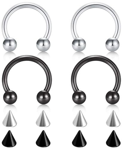 Tolldek 4 Stücke Magnet Piercing Nase, Edelstahl 1.2mm U Hufeisen Barbell Kegel Ersatz Nose Stud Silber Schwarz, Knorpel Creolen, Lippen Piercing Ringe Ohrringe Schmuck für Frauen