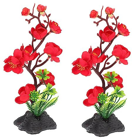HAWILLOSCH Japanese Sushi Plate Decor Fake Flower Ornament Black Base Red Plum Blossom Food Tray Decoration 2pcs Set for Restaurant and Home Sushi Presentation