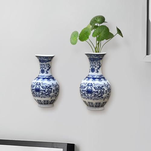 GDSZJLJ Set of Two Chinese Blue and White Porcelain Wall Vases for Flowers, Handmade Chinoiserie Ceramic Wall Hanging Vases, Home Décor for Living Room, Bookshelf, and Indoor Ceramic Decor