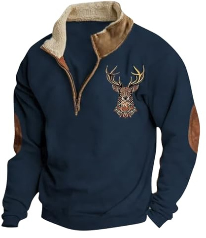 Générique Sweat-shirt imprimé cerf de chasse pour homme avec boutonnière 1/4 - Pull à manches longues - Vintage - Haut d'hiver avec col montant - Coupe ample - Pull d'hiver surdimensionné