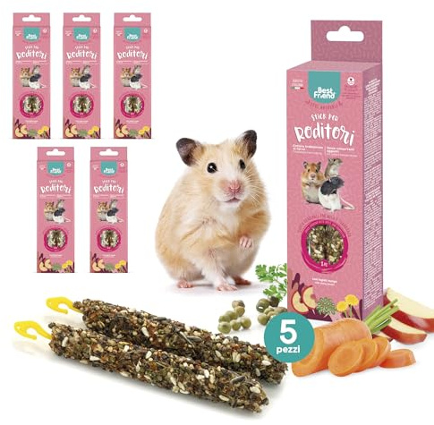 Best Friend - Snack Naturali Cotti al Forno per Piccoli Roditori. Gustosi stick e ricchi di vitamine con legno di betulla per denti sani | Mela e Tarassaco, 5 Pack x 115 g
