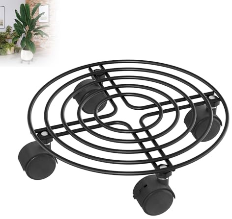 XMTECH 2 Stück Pflanzenroller Pflanzenrolle Metall, 30 cm Durchmesser Blumentopfuntersetzer mit Rollen, Blumenroller mit 4 Lenkrollen für Außenbereich Innenbereich Garten, Rund A