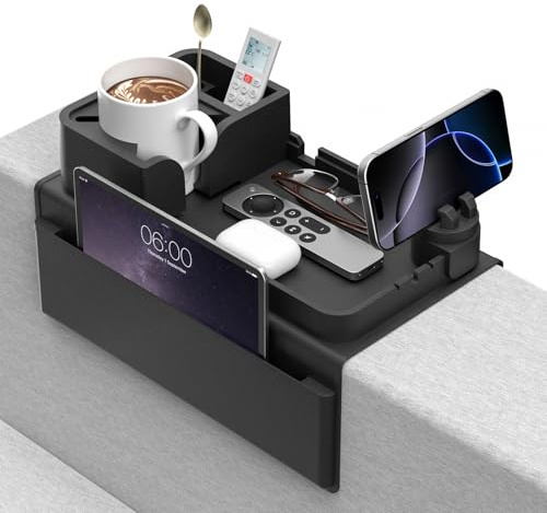 Couch Cup Holder - Anti-Slip Sofa Armrest Tray with Dual Side Pockets - Silicone Anti-Spill Sofa Drink Holder Arm with Phone Holder - Couch Arm Tray for Cup, Phone, Tablet, Remote Control Snack, Black