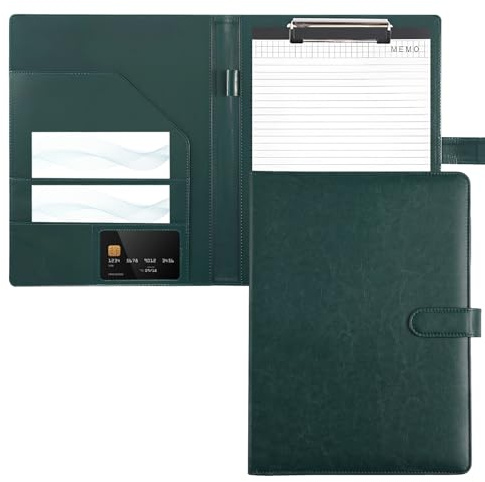 Clipboard A4 with Lid - PU Leather Wallet Writing Folder with Document Compartments, Pen Holder & Magnetic Closure - Professional Conference Binder (Green)