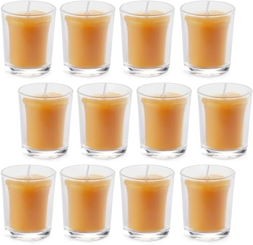 AGLARY 12-Pack Pure Beeswax Votive Candles in Glass Cups – Unscented, Natural Honey Aroma, 12-Hour Burn Time (1.9 Height, Raw Beeswax, for Home/Church/Meditation)