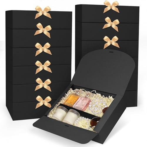 GXFCING 12 Stück Schwarz Geschenkboxen mit Deckel 27 x 20 x 8cm Große Geschenkbox Geschenkkarton mit Gold Satinband für Hochzeit Geburtstag Weihnachten Party Geschenke Verpackung