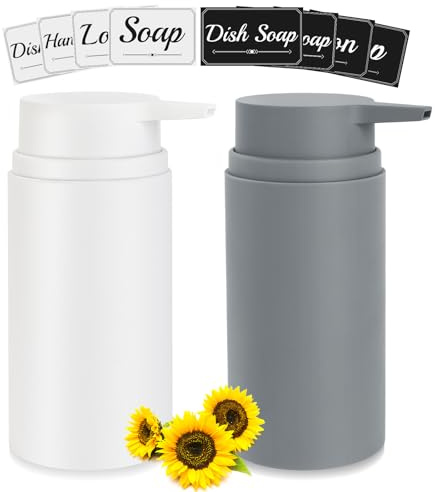 Topsky 2er Set Kunststoff Seifenspender (480ml) - Weiß & Grau Nachfüllbar - Für Handseife, Lotion & Spülmittel - Küche, Bad, Dusche - Inkl. Pumpe für Waschbecken & Arbeitsplatte（Mit Sticker）