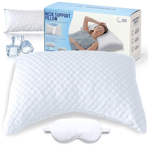 Premium Orthopedic Cervical Memory Foam Pillow for Neck and Shoulder Pain Relief. 3 pieces set with Silk Sleeping Mask. Extra Fill. Cooling One Side, Contour Design, Adjustable Loft.
