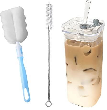 EujRcf 400ml Square Glass Tumbler with Straw & Lid, Glass Tumblers with Lids and Straws, Heat-Resistant Square Cups, Reusable Iced Coffee Cups, for Long Drinks, Water, Cocktail, Whiskey, Soda, Gift