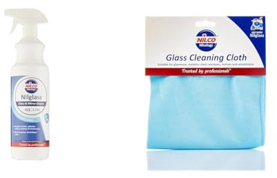 Bundle of Nilco Microfibre Glass Cleaning Cloth & Nilglass H3 Smear-Free Glass & Mirror Cleaner 1L Trigger Spray for Crystal Clear, Streak-Free Shine on Windows, Mirrors & Glass Surfaces
