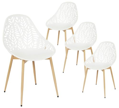 SAYA - Lot de 4 Chaises de Jardin Coque Plastique Ajourée Blanc Pieds Métal
