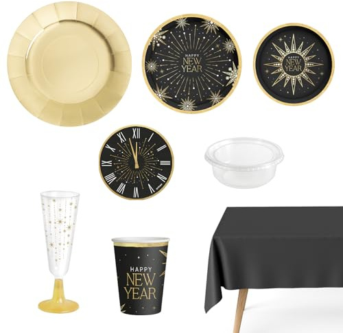 OH YEAH - Kit Vajilla Desechable 12 Personas Nochevieja - 84 Piezas - Negro y Oro - Platos, Vasos y Servilletas Fin de Año - Decoración Mesa Festivas Happy New Year - Detalles Dorados Metalizados