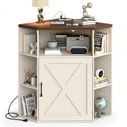 Halitaa Corner Storage Cabinet, Farmhouse Corner Bookshelf with Storage 6-Cubby Wooden Cabinet with USB Ports and Outlets Industrial Organizer for Small Space, Study, Playroom, Living Room