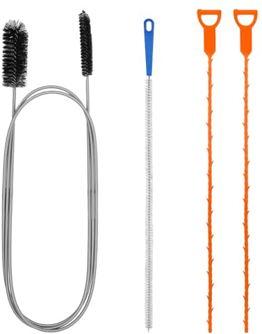 Lychico 4-Piece Drain Unblocker Set, Includes 61.2 Double-Ended Pipe Cleaning Brush, 17.7 Sink Brush & 2x19.7 Drain Snakes for Hair Clog Removal in Sink, Bathroom, Shower and Pipe