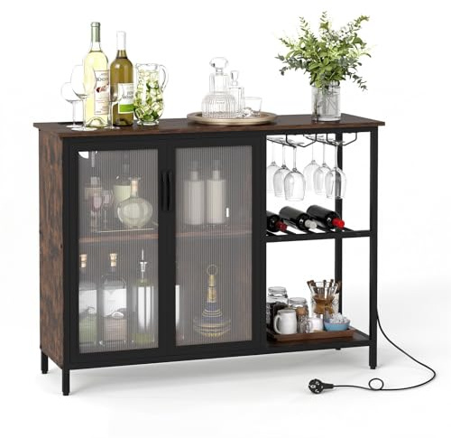 COSTWAY Vinskåp med LED-belysning, barskåp med vinregaller, glashållare, glasdörr & eluttag, skänk med metallram, industriell buffetskåp för kök, matsal, 110 × 35 × 82 cm